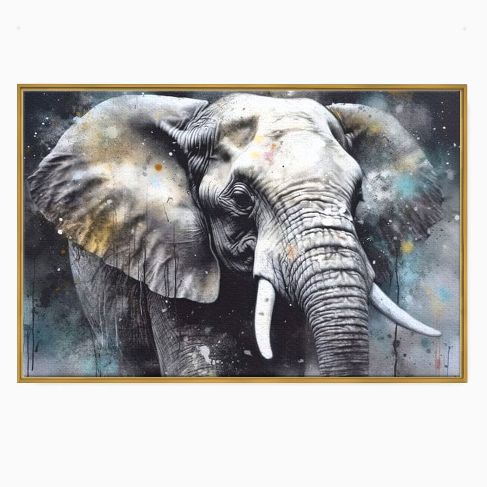 Tablou canvas cu tablou canvas cu cap de elefant, in rama de aluminiu auriu